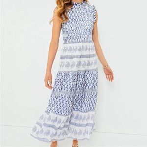 Oliphant Flora Blue Sleeveless Smocked Maxi Dress